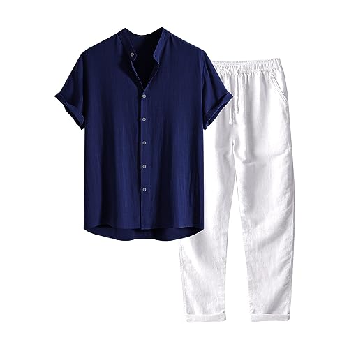 Leinenanzug Herren Sommer Casual Leinen Outfits Set Kurzarm Trainingsanzug Zweiteiler Einfarbig Button-Up Revers Hemd und Leinenhose 2 Teiler Herren Sommer Baggy Freizeitanzug für Strand Urlaub von CNNBYYDS