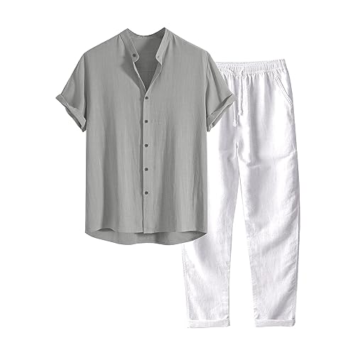 Leinenanzug Herren Sommer Casual Leinen Outfits Set Kurzarm Trainingsanzug Zweiteiler Einfarbig Button-Up Revers Hemd und Leinenhose 2 Teiler Herren Sommer Baggy Freizeitanzug für Strand Urlaub von CNNBYYDS