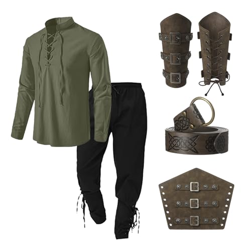 Mittelalter Kleidung Herren Set, Wikinger Kostüm Mittelalter Kleidung Herren Renaissance Kostüm Set mit Leinenhemd Mittelalterliches Piratenhemd Mittelalter Hose mit Gürtel, Handgelenkschützer Zubehör von CNNBYYDS