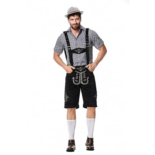 Oktoberfest Herren Outfit Herren Deutsch Bayern Oktoberfest Kostüm Set mit Abnehmbarem Lätzchenträger Kariertes Trachtenhemd, Lederhose mit Trägern und Bayerischen Filzhüte Trachten Set für Herren von CNNBYYDS