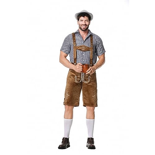 Oktoberfest Herren Outfit Deutsch Bayern Kostüm Set Mit Abnehmbarem Lätzchenträger, Kariertes Trachtenhemd, Lederhose Mit Trägern Und Bayerischem Filzhut - Trachten Set Oktoberfest Herren Outfit Deutsch Bayern Kostüm Set Mit Abnehmbarem Lätzchenträger, Kariertes Trachtenhemd, Lederhose Mit Trägern Und Bayerischem Filzhut - Trachten Set von CNNBYYDS