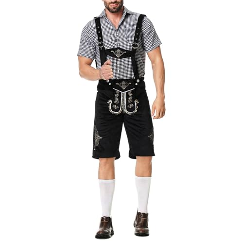 Oktoberfest Herren Outfit Herren Deutsch Bayern Oktoberfest Kostüm Set mit Abnehmbarem Lätzchenträger Kariertes Trachtenhemd, Lederhose mit Trägern und Bayerischen Filzhüte Trachten Set von CNNBYYDS
