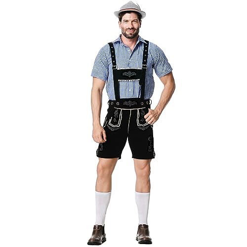 Oktoberfest Herren Outfit Herren Deutsch Bayern Oktoberfest Kostüm Set mit Abnehmbarem Lätzchenträger Kariertes Trachtenhemd, Lederhose mit Trägern und Bayerischen Filzhüte Trachten Set von CNNBYYDS