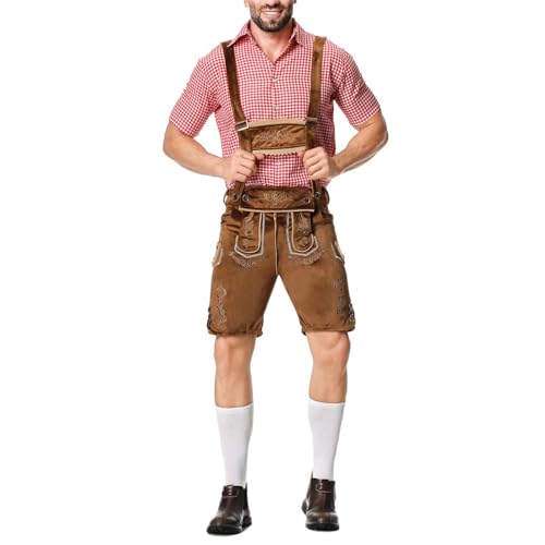 Oktoberfest Herren Outfit Herren Deutsch Bayern Oktoberfest Kostüm Set mit Abnehmbarem Lätzchenträger Kariertes Trachtenhemd, Lederhose mit Trägern und Bayerischen Filzhüte Trachten Set von CNNBYYDS