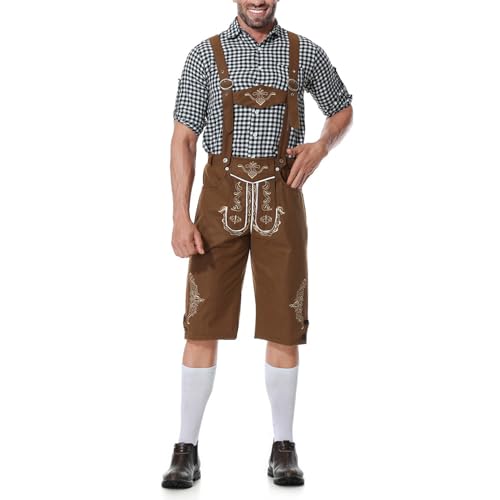 Oktoberfest Herren Outfit Herren Deutsch Bayern Oktoberfest Kostüm Set mit Abnehmbarem Lätzchenträger Kariertes Trachtenhemd, Lederhose mit Trägern und Bayerischen Filzhüte Trachten Set von CNNBYYDS