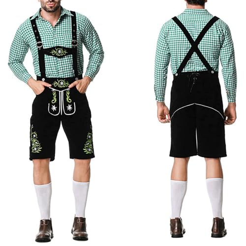 Oktoberfest Herren Outfit Herren Deutsch Bayern Oktoberfest Kostüm Set mit Abnehmbarem Lätzchenträger Kariertes Trachtenhemd, Lederhose mit Trägern und Bayerischen Filzhüte Trachten Set von CNNBYYDS