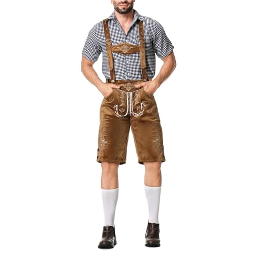 Oktoberfest Herren Outfit Herren Deutsch Bayern Oktoberfest Kostüm Set mit Abnehmbarem Lätzchenträger Kariertes Trachtenhemd, Lederhose mit Trägern und Bayerischen Filzhüte Trachten Set von CNNBYYDS