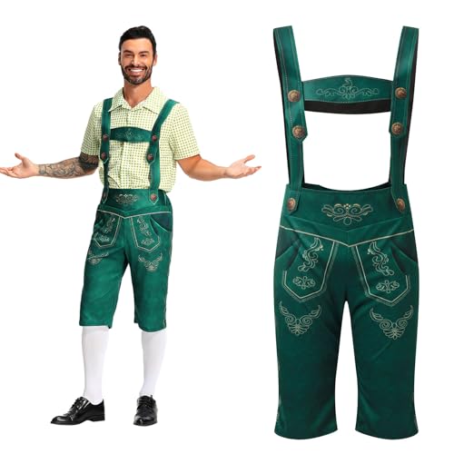 Oktoberfest Herren Outfit Herren Deutsch Bayern Oktoberfest Kostüm Set mit Abnehmbarem Lätzchenträger Kariertes Trachtenhemd, Lederhose mit Trägern und Bayerischen Filzhüte Trachten Set von CNNBYYDS
