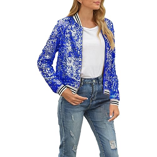 Pailletten Jacke Damen Glitzer Mantel Festliches Langarm Stehkragen Pailletten Crop Jacken mit Reißverschluss Halloween Karneval Kostüm Party Clubwear Retro Metallic Sequin Bomberjacke (Blue, L) von CNNBYYDS