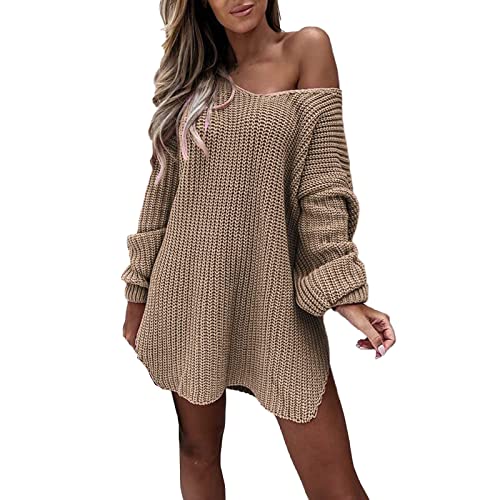 Pullover Damen Lang Strickpullover Winter V-Ausschnitt Langarm Grobstrickpullover Casual Lose Langarm Pulli Warm Outwear Pullover Oberteile Oversize Jumper Sweater Baumwolle Tunika Shirt von CNNBYYDS