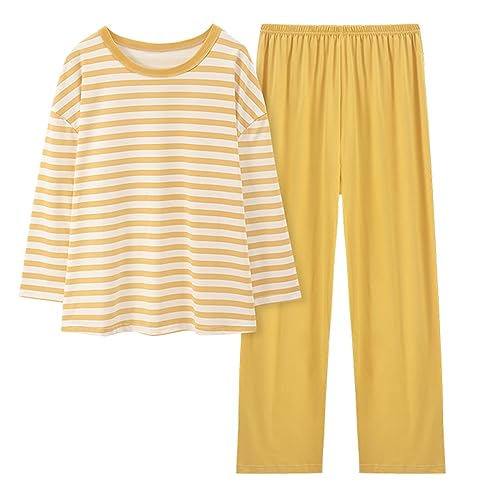Schlafanzug Damen Lang Kuschelig Pyjama Damen Baumwolle Herbst Winter Nachtwäsche Zweiteiliger Sleepwear Streifen Langarm Tshirt Pyjamashose Lange Soft Loungewear Hausanzug Set mit Elastischem Bund von CNNBYYDS