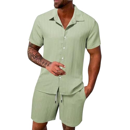 CNNBYYDS Sommer Outfit Herren Kurze Hosen und Hawaii Hemd Baggy Freizeitanzug Kurzarm Freizeithemd und Shorts 2 Teiler Leinenhose Strandhemd für Männer Casual Sommer Anzug Herren Zweiteiliges Set von CNNBYYDS