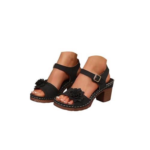 Sommerschuhe Damen Sandalen Elegante Schuhe Festliche Sandaletten mit Blumenverzierung Open Toe Knöchelriemen Blockabsatz Riemchensandalen Elegant Damen Bequeme Sommer Leichte Breite Füße Sandals von CNNBYYDS
