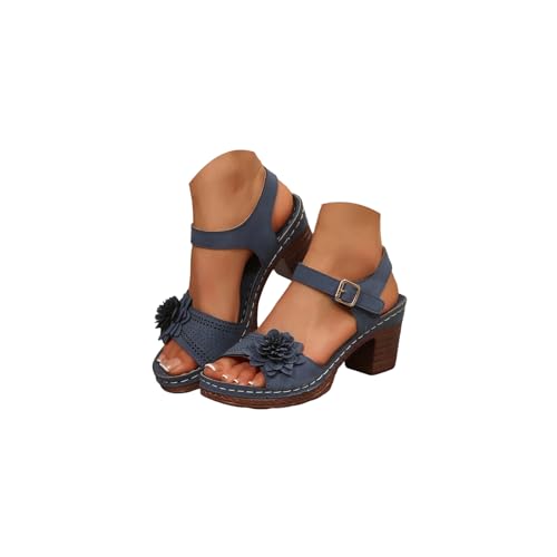 Sommerschuhe Damen Sandalen Elegante Schuhe Festliche Sandaletten mit Blumenverzierung Open Toe Knöchelriemen Blockabsatz Riemchensandalen Elegant Damen Bequeme Sommer Leichte Breite Füße Sandals von CNNBYYDS