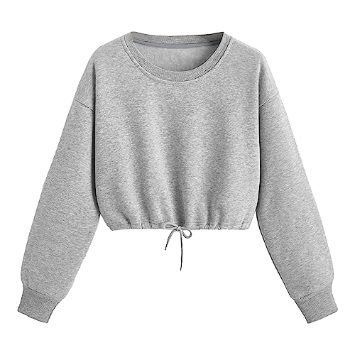 Sweatshirt Damen Ohne Kapuze Crop Pollover Teenager Mädchen Bauchfrei Sweatshirts Langarm Herbst Winter Pulli Kurz Oberteile Langarmshirt Cropped Pullover mit Schnürzug Vintage Streetwear Y2K Clothes von CNNBYYDS
