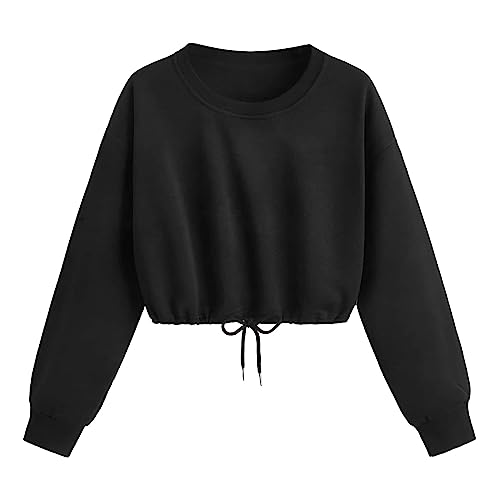 Sweatshirt Damen Ohne Kapuze Crop Pollover Teenager Mädchen Bauchfrei Sweatshirts Langarm Herbst Winter Pulli Kurz Oberteile Langarmshirt Cropped Pullover mit Schnürzug Vintage Streetwear Y2K Clothes von CNNBYYDS