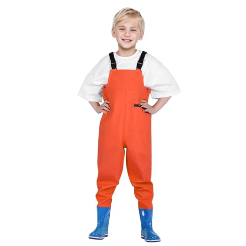 Wathose Kinder Wasserdicht mit Stiefel Jugendliche Brust Wathose mit Reißverschluss Tasche PVC Angelhose mit rutschfeste Gummistiefel Hosenträger Kinderwathose Regenhose Teichhose für Jungen Mädchen von CNNBYYDS