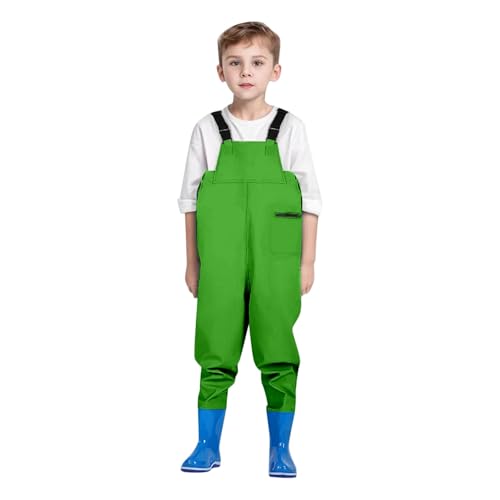 Wathose Kinder Wasserdicht mit Stiefel Jugendliche Brust Wathose mit Reißverschluss Tasche PVC Angelhose mit rutschfeste Gummistiefel Hosenträger Kinderwathose Regenhose Teichhose für Jungen Mädchen von CNNBYYDS