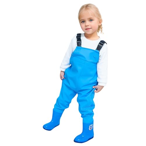 Wathose Kinder Wasserdicht mit Stiefel Jugendliche Brust Wathose mit Reißverschluss Tasche PVC Angelhose mit rutschfeste Gummistiefel Hosenträger Kinderwathose Regenhose Teichhose für Jungen Mädchen von CNNBYYDS