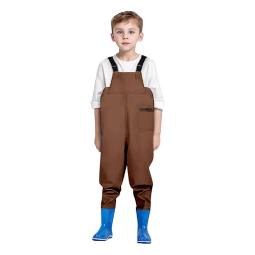 Wathose Kinder Wasserdicht mit Stiefel Jugendliche Brust Wathose mit Reißverschluss Tasche PVC Angelhose mit rutschfeste Gummistiefel Hosenträger Kinderwathose Regenhose Teichhose für Jungen Mädchen von CNNBYYDS