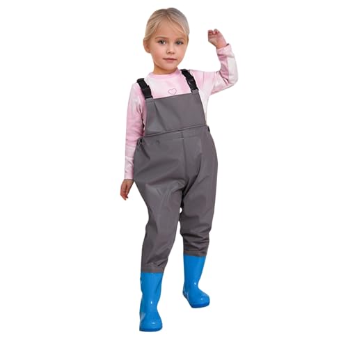 Wathose Kinder Wasserdicht mit Stiefel Jugendliche Brust Wathose mit Reißverschluss Tasche PVC Angelhose mit rutschfeste Gummistiefel Hosenträger Kinderwathose Regenhose Teichhose für Jungen Mädchen von CNNBYYDS
