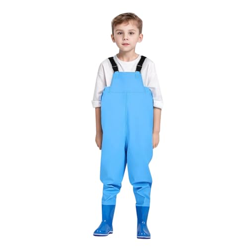 Wathose Kinder Wasserdicht mit Stiefel Kinderwathose Matschhose Jungen Anglerhose mit Stiefel Mädchen Regenhose mit Stiefeln Junior Hosenträger Matschhose Regenstiefel rutschfeste Sohle Gummistiefel von CNNBYYDS