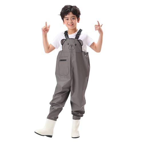 Wathose Kinder Wasserdicht mit Stiefel Kinderwathose Matschhose Jungen Anglerhose mit Stiefel Mädchen Regenhose mit Stiefeln Junior Hosenträger Matschhose Regenstiefel rutschfeste Sohle Gummistiefel von CNNBYYDS