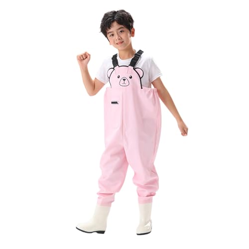 Wathose Kinder Wasserdicht mit Stiefel Kinderwathose Matschhose Jungen Anglerhose mit Stiefel Mädchen Regenhose mit Stiefeln Junior Hosenträger Matschhose Regenstiefel rutschfeste Sohle Gummistiefel von CNNBYYDS