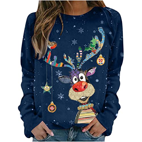 Weihnachtspullover Damen Lustig Rundhals Langarmshirt Herbst Wnter Pullover Elegant Bluse Casual Lose Weihnachts Sweatshirt Damen Rentier Druck Weihnachtsmotiv Xmas Pulli Oberteile Weihnachtspulli von CNNBYYDS