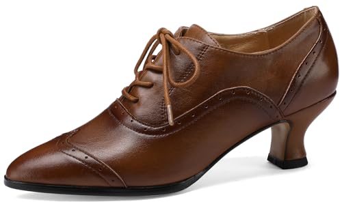 Damen Echtleder Wingtip Oxfords mit 5,1 cm niedrigem Absatz Verstellbare Schnürschuhe Spitze Zehen Schuhe für Arbeit und Gehen, Braun, 38 EU von CNNOVALY