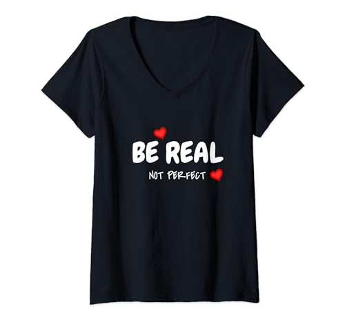 Damen Slogan „Sei echt, nicht perfekt“ T-Shirt mit V-Ausschnitt von CNT