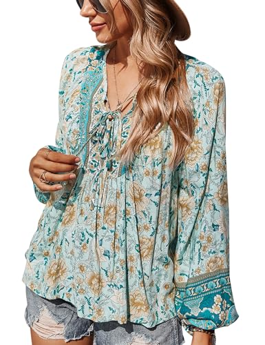 CNTSFS Bluse Damen Elegant Lässige Boho V-Ausschnitt Blumenmuster Lose Tunika Damen Langarm Sommer(Blau L) von CNTSFS