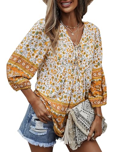 CNTSFS Bluse Damen Elegant Lässige Boho V-Ausschnitt Blumenmuster Lose Tunika Damen Langarm Sommer(Gelb M) von CNTSFS