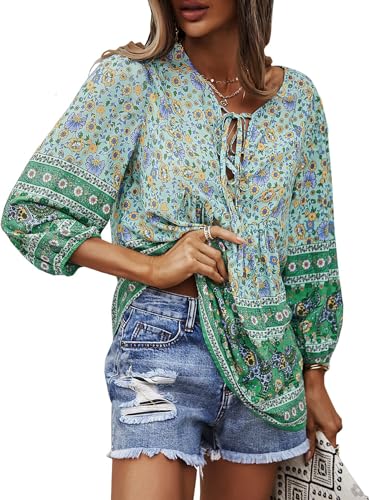 CNTSFS Bluse Damen Elegant Lässige Boho V-Ausschnitt Blumenmuster Lose Tunika Damen Langarm Sommer(Grün L) von CNTSFS