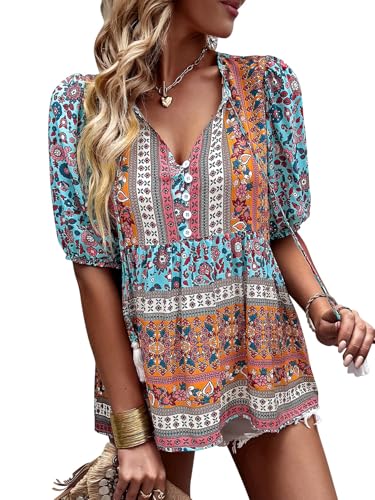 CNTSFS Bluse Damen Elegant Lässige Boho V-Ausschnitt Blumenmuster Lose Tunika Damen Langarm Sommer(Himmelblau L) von CNTSFS