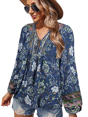 CNTSFS Bluse Damen Elegant Lässige Boho V-Ausschnitt Blumenmuster Lose Tunika Damen Langarm Sommer(Marineblau M) von CNTSFS