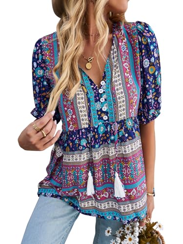 CNTSFS Bluse Damen Elegant Lässige Boho V-Ausschnitt Blumenmuster Lose Tunika Damen Langarm Sommer(Navyblau M) von CNTSFS