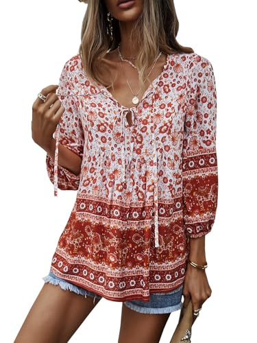 CNTSFS Bluse Damen Elegant Lässige Boho V-Ausschnitt Blumenmuster Lose Tunika Damen Langarm Sommer(Rot XXL) von CNTSFS