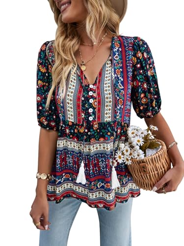 CNTSFS Bluse Damen Elegant Lässige Boho V-Ausschnitt Blumenmuster Lose Tunika Damen Langarm Sommer(Schwarz 2XL) von CNTSFS