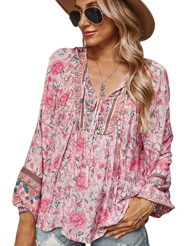 CNTSFS Bluse Damen Elegant Lässige Boho V-Ausschnitt Blumenmuster Lose Tunika Damen Langarm Sommer Strandhemden(Rosa XXL von CNTSFS