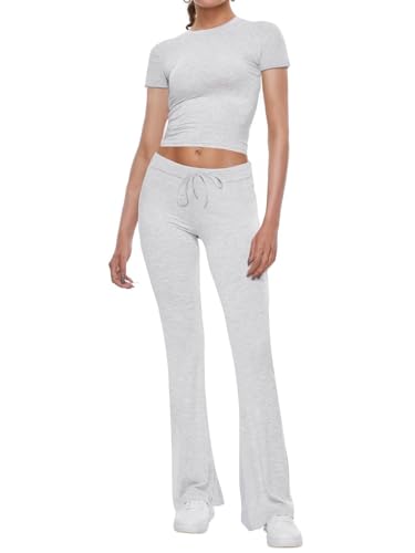 CNTSFS Damen Lounge Set Zweiteiler Y2K Skims kurzärmeligen Crop Top Schlaghose Yoga Trainingsanzug Outfit(Grau L) von CNTSFS