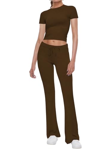 CNTSFS Damen Lounge Set Zweiteiler Y2K Skims kurzärmeligen Crop Top Schlaghose Yoga Trainingsanzug Outfit(Kaffee XL) von CNTSFS