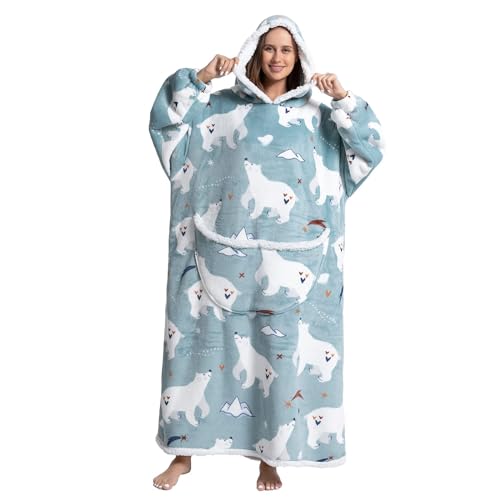 CNTSFS Übergroße Hoodie Decke Sweatshirt Kapuzenpullover Oversized Wearable Blanket Warme Sweatshirt mit Einheitsgröße Herren Damen(Eisbär 140cm) von CNTSFS