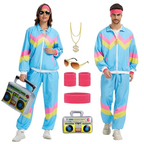 CNVAUIE 80er 90er Jahre Outfit Herren Damen Retro Trainingsanzug,Disco Ganzkörperanzug Hip Hop Sportanzug Set,Jogginganzüge,Streetwear Trainingsanzug Kostüm, Faschingskostüme (Blau, L) von CNVAUIE