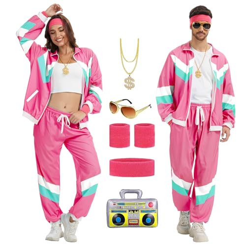 CNVAUIE 80er 90er Jahre Outfit Herren Damen Retro Trainingsanzug,Disco Ganzkörperanzug Hip Hop Sportanzug Set,Jogginganzüge,Streetwear Trainingsanzug Kostüm, Faschingskostüme (Rosenrot, S) von CNVAUIE