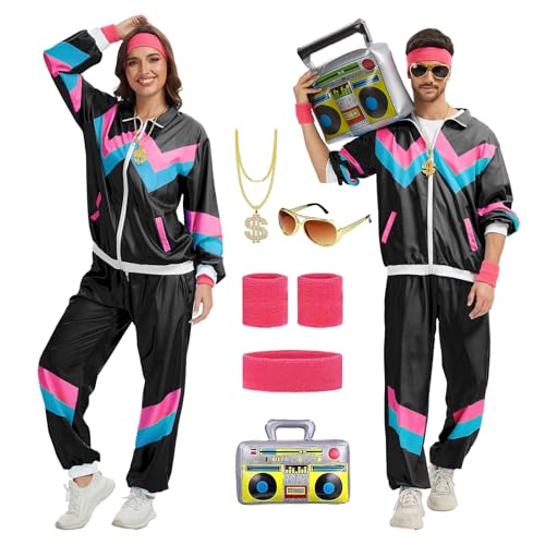 CNVAUIE 80er 90er Jahre Outfit Herren Damen Retro Trainingsanzug,Disco Ganzkörperanzug Hip Hop Sportanzug Set,Jogginganzüge,Streetwear Trainingsanzug Kostüm, Faschingskostüme (Schwarz, XXL) von CNVAUIE