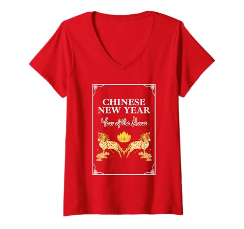 Damen Jahr des Pferdes Floral Chinesisches Neujahr 2026 T-Shirt mit V-Ausschnitt Damen Jahr des Pferdes Floral Chinesisches Neujahr 2026 T-Shirt mit V-Ausschnitt von CNY 2026 Designs