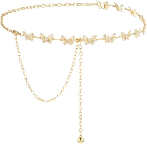2 Stück Schmetterling Taillenkettengürtel Metall Strass Taillengürtel for Frauen Kleid Körperkettengürtel(Gold) von CNYUON