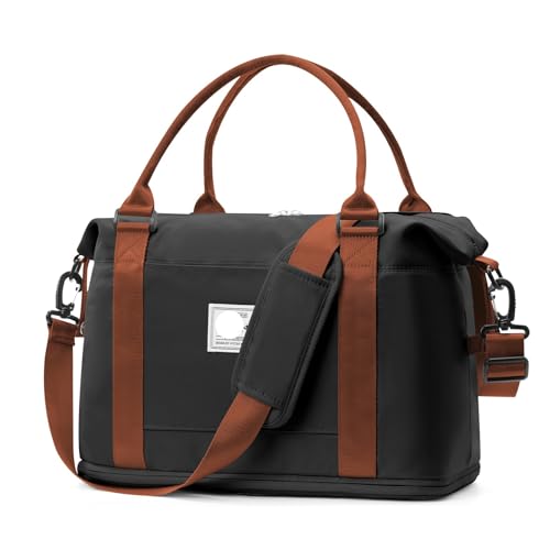 2PCS Große Kapazität Frauen Tragbare Reisetasche Fitness Kurze Business Reise Gepäck Kann Set Zugstange for Lagerung(Black and Brown) von CNYUON
