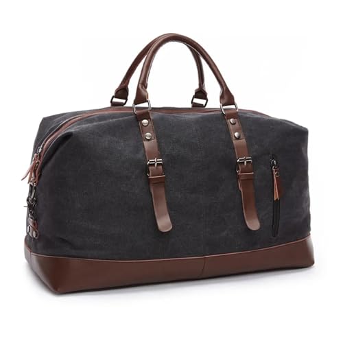 Canvas Leder Herren Reisetaschen Handgepäck Taschen Herren Seesäcke Reisetasche Große Wochenendtasche Übernachtung mit Reißverschluss(Black) von CNYUON